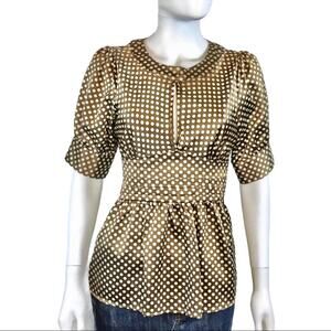BCBGMaxazria Satin Polka Dot Blouse Brown & Ivory Peep Hole